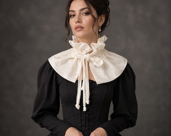 Ivory Velvet Ruffle Collar, Victorian Detachable Neck Cape, Romantic Costume Accessory