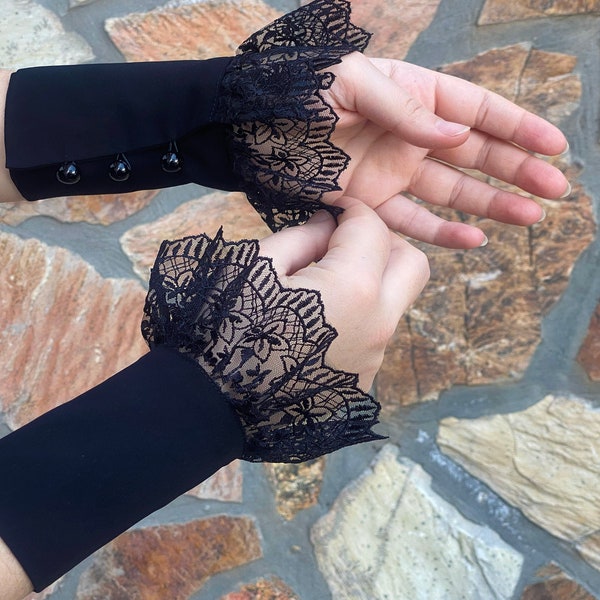 Black Lace Sleeve Extender,  Lace Ruffle Cuffs, Costume Accessories, Detachable, Costume Sleeve