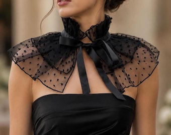 Colletto staccabile in organza nera, collana con colletto, colletto finto, colletto grande, collo alto stile elisabettiano con volant