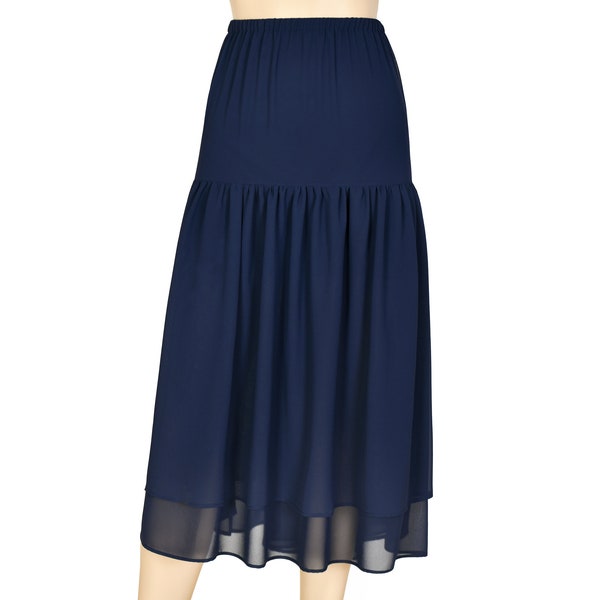 Navy Chiffon Gathered Ruffled Tiered Summer Skirt Skirt Extender Slip Petticoat Maxi Midi, Knee length, Plus Size Long Tiered Underskirt