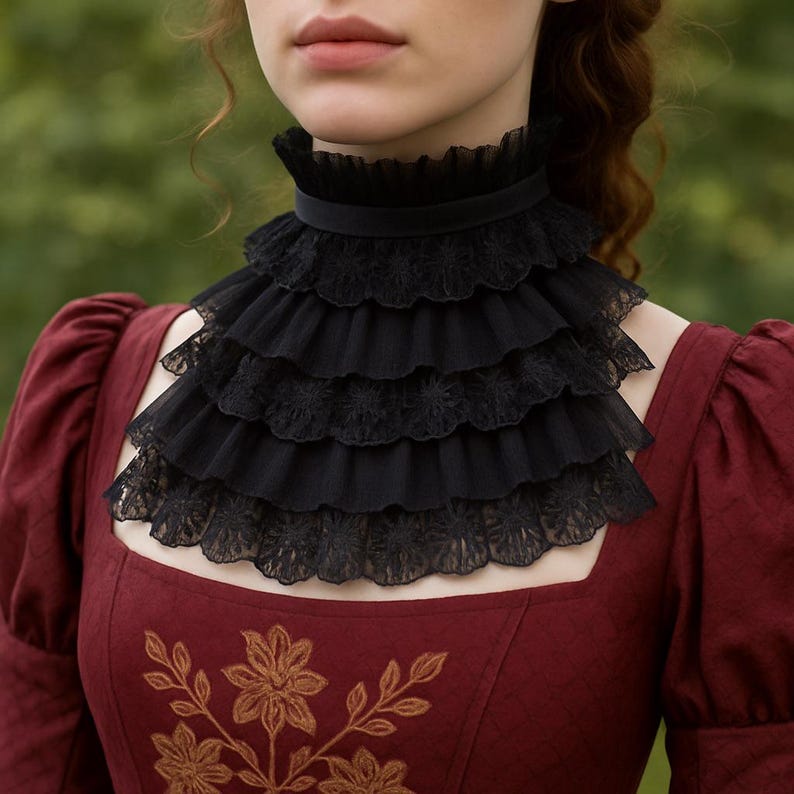 Black Lace Ruffle Collar & Tied Cuff, Jabot, Victorian Jabot, Jabot ...