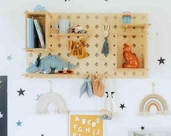 Pegboard organizer Pegboard wall Toy shelf, Wall display Garage organizer, Office decor Wooden pegboard display Wood pegboard shelf