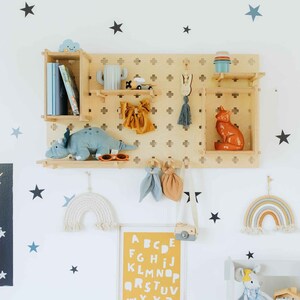 Pegboard organizer Pegboard wall Toy shelf, Wall display Garage organizer, Office decor Wooden pegboard display Wood pegboard shelf
