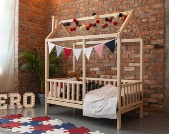 Platform bed for boy Montessori furniture Toddler bed - Montessori bed with rails House bed for kids, Girl room, Children bed Birthday gift