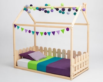 Lit Montessori lit Montessori enfant en forme de maison avec rails lit Montessori, maison à ossature tipi pour enfants, lit maison en bois Lit plate-forme