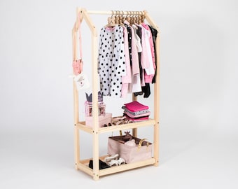 Exhibición del proveedor Armario para niños Estante de ropa, Estante de ropa de madera para niños pequeños, Estante de ropa de madera estante de ropa de madera vestir almacenamiento