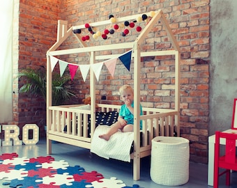 Platform bed for boy Montessori furniture Toddler bed - Montessori bed with rails House bed for kids, Girl room, Children bed Birthday gift