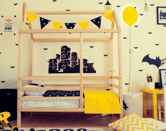 Cama infantil elevada con barandillas, cama Montessori para niños pequeños, cama tipi infantil, estructura de cama de madera, estructura de cama infantil, estructura de cama para niños