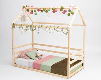 Toddler bed frame bed Children bed house shaped frame Wood house bed Floor bed Canopy bed, kid nursery bed, Kid bed frame with SLATS