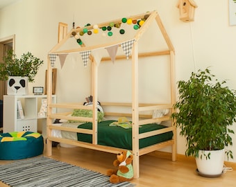 Montessori house bed on legs Montessori bed with rails, Platform bed for children Double bed frame or full size bed frame, Toddler house bed