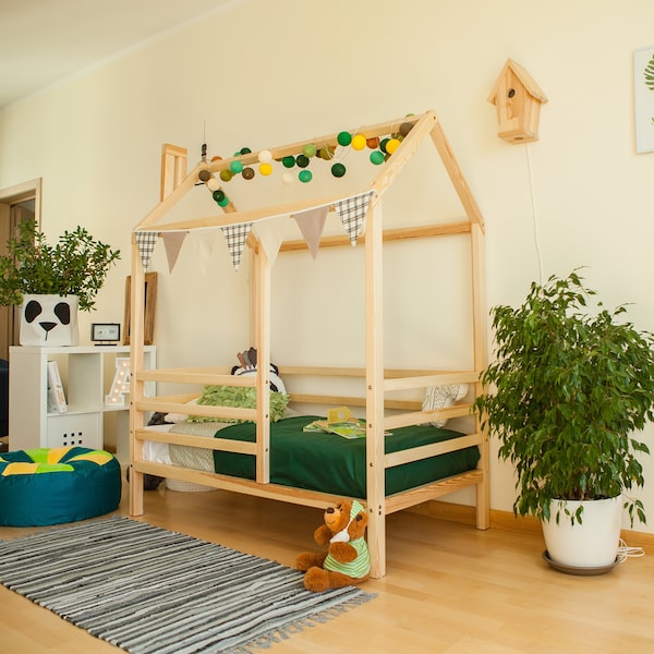 Montessori house bed on legs Montessori bed with rails, Platform bed for children Double bed frame or full size bed frame, Toddler house bed