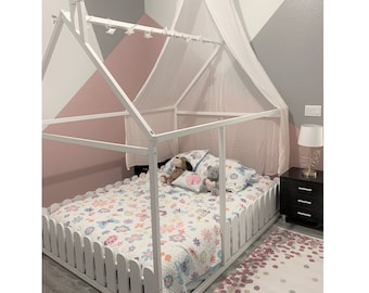 Full size bed frame Queen floor bed Child house bed toddler bed house frame bed, Diy bed plans Diy bed frame Montessori bed Kid bed SLATS