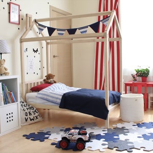 Toddler bed Kids house bed 4 poster bed, Children bed Solid wood bed frame twin loft bed, full size bed Wooden gifts, Unique birthday gift