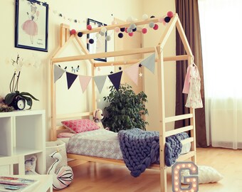 Raised house bed for kids House bed with rails - Montessori bed for boys Toddler bed for girls Montessori furniture, 2nd birthday gift