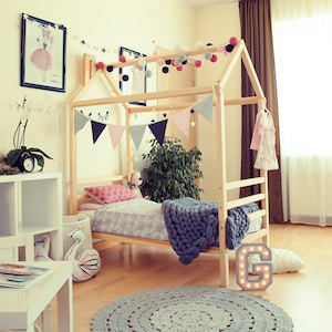 Raised house bed for kids House bed with rails, Montessori bed for boys Toddler bed for girls Montessori furniture, 2nd birthday gift