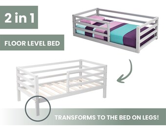 Montessori toddler bed with rails, Low platform bed for toddler raised bed Loft bed for kids bed, Montessori bed kids boy bed frame