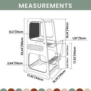 Product measurement guide displaying frame height, step width, and 3-level platform positions for a chalkboard toddler booster.