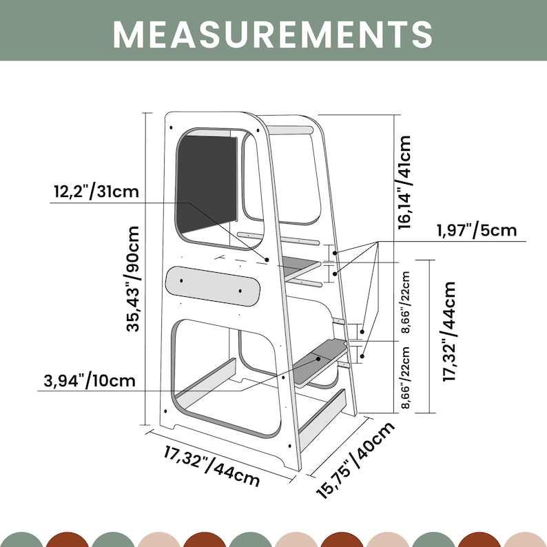 Product measurement guide displaying frame height, step width, and 3-level platform positions for a chalkboard toddler booster.