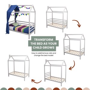 Technical diagram displaying growth transformation configurations for the toddler house bed frame.