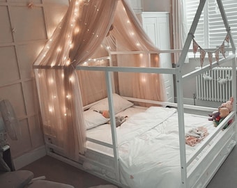 Montessori-Bett mit Gittern, Hausbett, Kinderbett, Bodenbett, Kleinkinderbett, Holzhausbett, Holzbettgestell, Zeltbett, Kinderbett, Montessori-Möbel