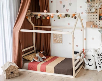 Montessori toddler floor bed for kids Montessori floor frame bed, Floor house bed Montessori bed Floor bed frame kids bed with rails Kid bed