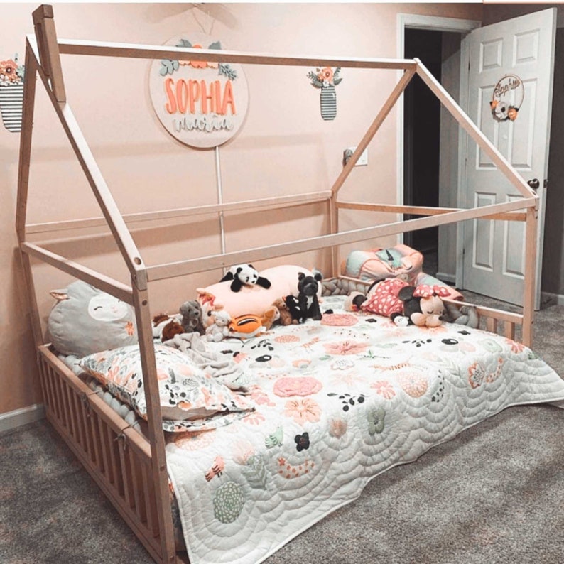 floor bed with rails, toddler bed, floor bed frame, house bed with rail, Montessori house bed, bed with slat, diy bed frame, kid bed, toddler bed for boy, house bed for girl, Montessori bed with rails, floor bed with rails, floor bed frame