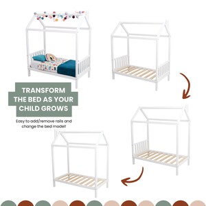 Infographic chart showing convertible layout options for the solid wood toddler house bed frame.