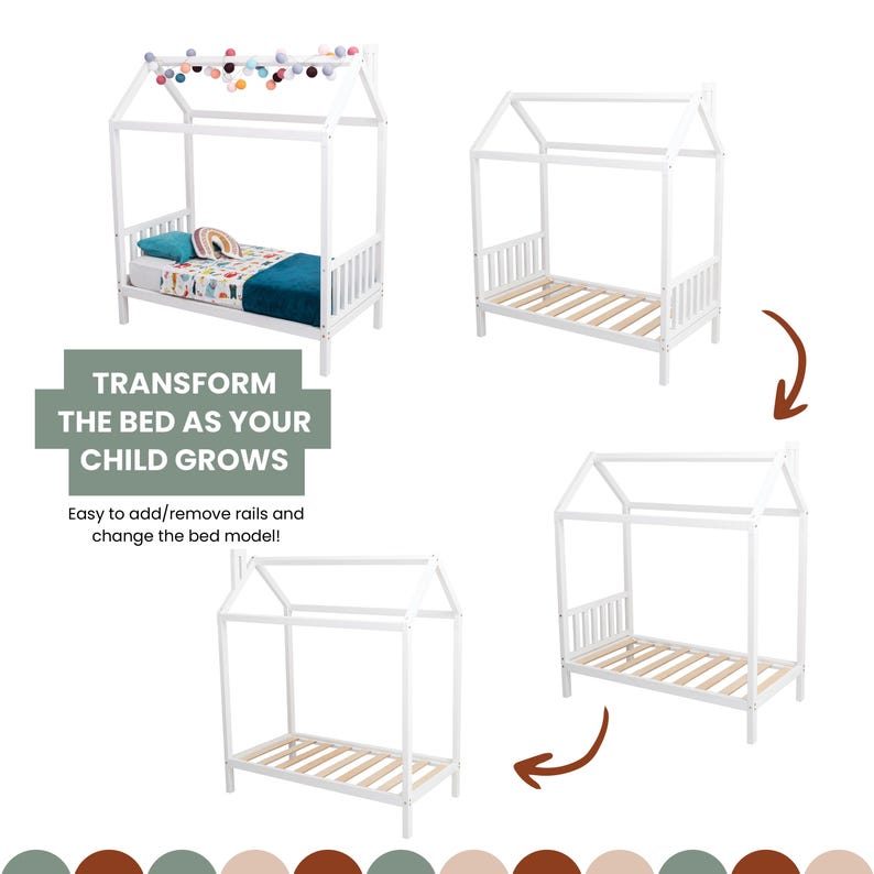Infographic chart showing convertible layout options for the solid wood toddler house bed frame.