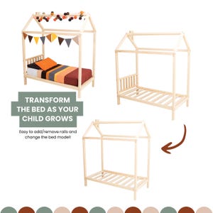 Transformable bed infographic showing how the house frame converts and adjusts as your child grows taller.