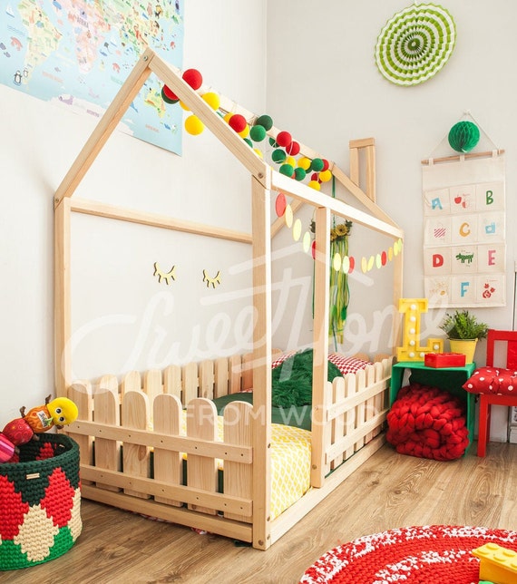 Children Bed House Frame Bed Montessori Toy Baby Bed Toddler Bed Home Bed Nursery Crib Baby Room Play Tent House Bed Wood House Gift Slats