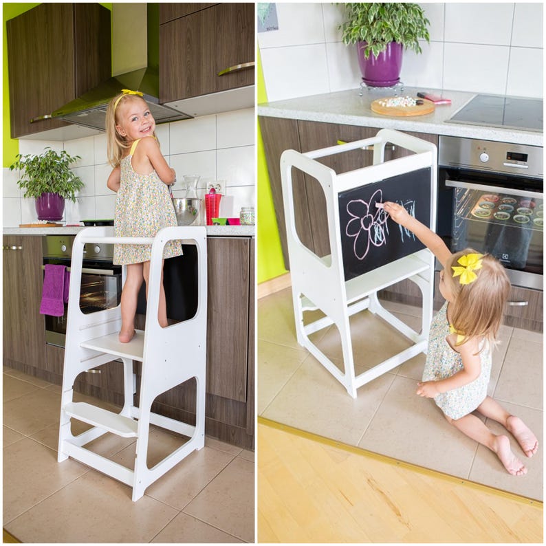 Split screen preview showing a white kitchen counter step stool and a toddler girl drawing on its built-in chalk board.