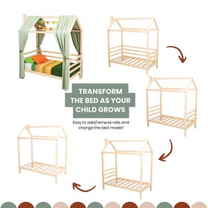 Technical diagram showcasing convertible layout options for the natural solid wood toddler house bed.