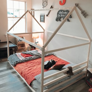 Toddler house bed with SLATS House floor bed for toddler bed frame, Montessori bed frame Full size bed for girl Queen size bed for boy
