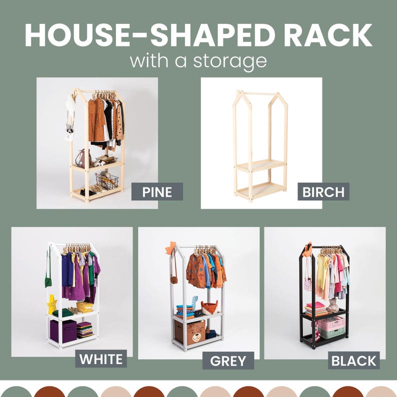 Color finishes available for the I Weet Home from Wood house-shaped clothing rack