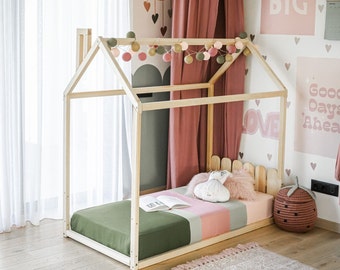 Cama Montessori de suelo para niños pequeños Cama Montessori - Cama infantil con listones Cama infantil con casita Estructura de cama infantil de suelo, cama Montessori con casita