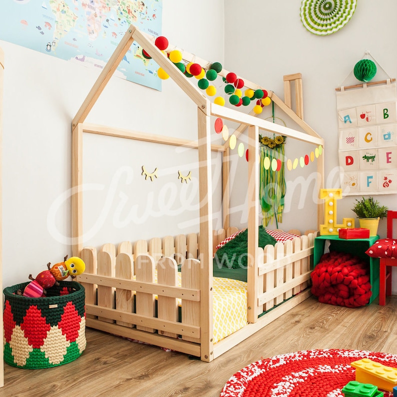 House Bed Toddler Play Tent Bunk Wooden Playhouse Montessori Floor Wood Nursery Tee Kids Bedroom Image 0