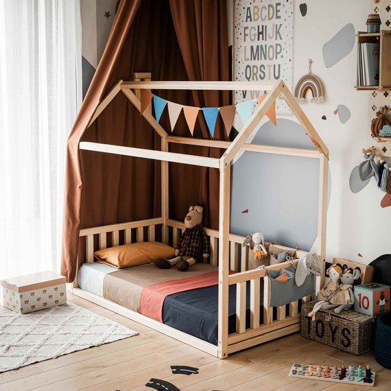 Toddler floor bed house Montessori toddler bed frame - Low platform bed frame Nursery bed frame, Twin bed frame tent bed for toddler SLATS