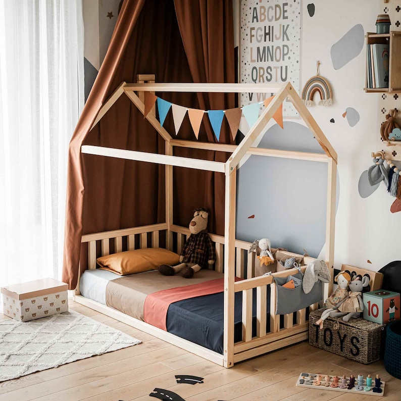 Montessori floor bed, Montessori furniture, Montessori house bed, Montessori toddler, platform bed, Scandinavian design child room, teepee kids bed, toddler furniture, wood bed, wood beds for girls, wood house bed, wood houses, wood toy, girls bed