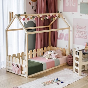 Montessori bed frame Montessori house bed with rails, Montessori toddler bed frame Twin size bed for boys Children bed frame Bed with fence