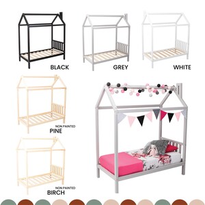 Color options chart displaying house bed frame finishes including black, grey, white, clear pine, and natural birch wood.