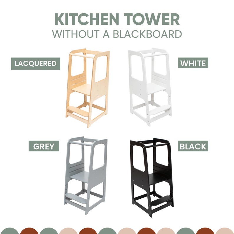 Product swatch guide showing 3-level height adjustable toddler step stools without a blackboard in four finish options.