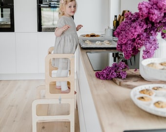 2-in-1 Kitchen tower, Montessori kitchen tower Kitchen stool Toddler step stool Kid Step Stool Activity tower Weaning table for kids