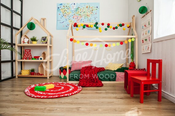 Toddler House Bed Children Bed Montessori Bed Kid Bed Wood Bed Children Home Waldorf Toy Nursery Crib Kids Bedroom Floor Bed Slats