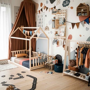Playroom, furniture, floor bed, teepee bed frame, floor bed, wooden toddler bed, wooden bed, house bed frame, Montessori bed, platform bed, kids bed, play house, canopy tent, children bed, floor house bed, house shaped bed, Montessori bed, wood bed