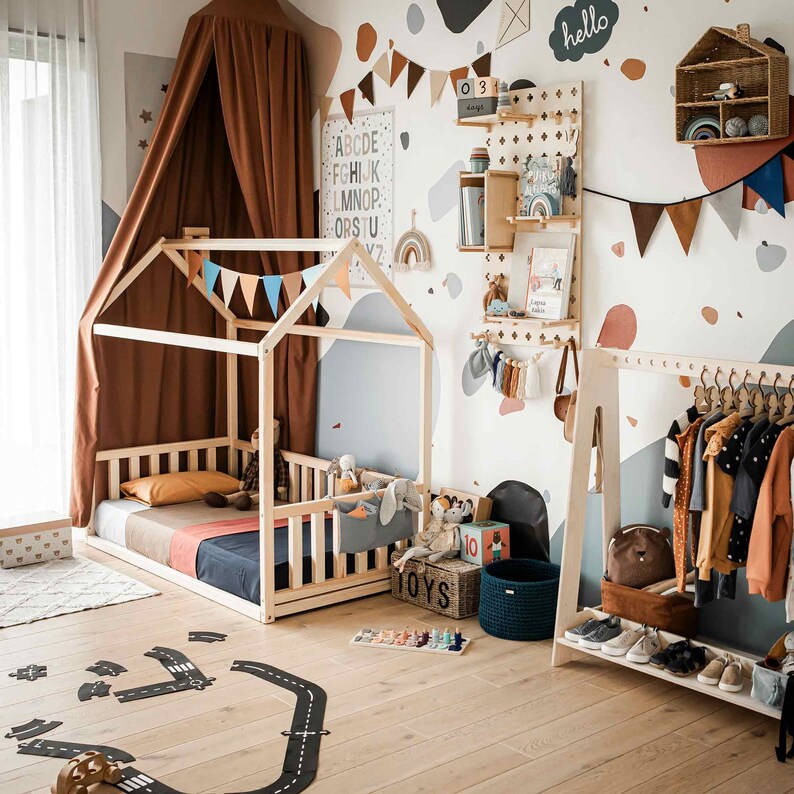 Playroom, furniture, floor bed, teepee bed frame, floor bed, wooden toddler bed, wooden bed, house bed frame, Montessori bed, platform bed, kids bed, play house, canopy tent, children bed, floor house bed, house shaped bed, Montessori bed, wood bed
