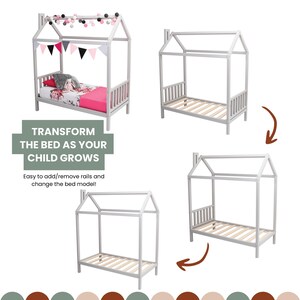 Technical diagram illustrating growth transformation configurations for the solid wood toddler cabin bed.