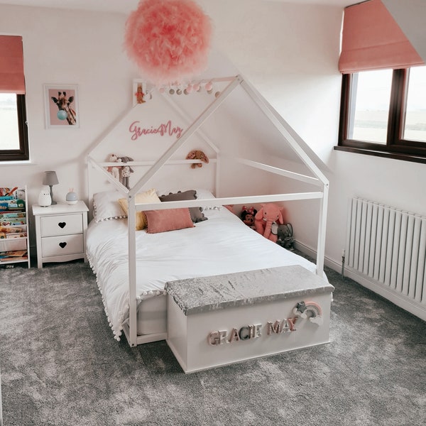 Holzbett FULL/DOUBLE, Kinderbettrahmen, Zeltbett, Holzhaus Bettgestell, Montessori Betthaus Kinderbett Holzbett Kinderbett Geschenk SLATS