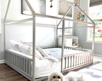 Full size / Queen size platform bed Loft bed Wooden house bed House shaped bed Children bed Montessori toy Bedroom interior Educational toy