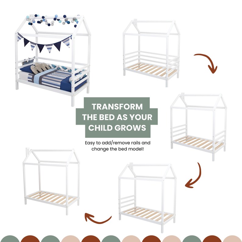 Infographic chart illustrating convertible growth options for the white solid wood toddler house bed frame.
