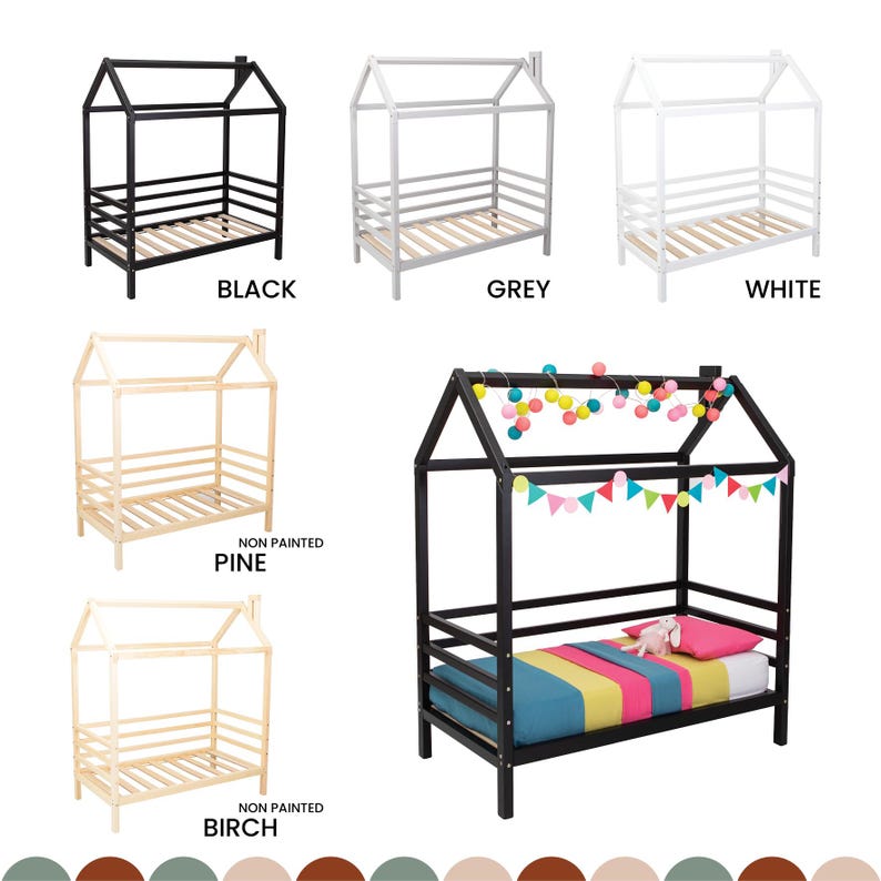 Product variation diagram showing black, white, grey, and natural solid wood house bed frames.